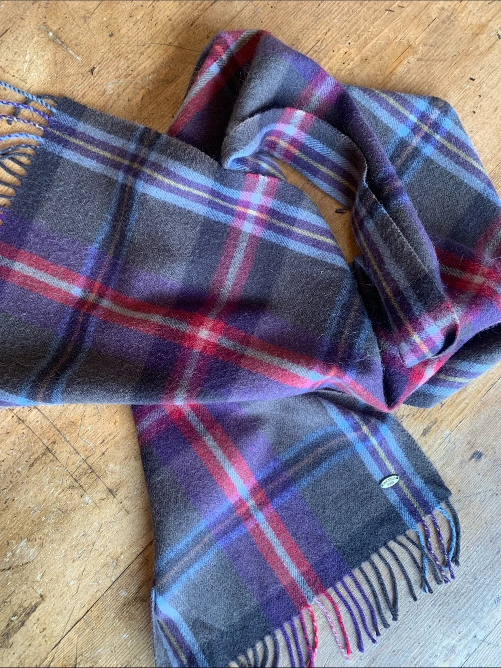 Mountain Horse Wool Blend Plaid Fringe Wool Blend Scarf in Gray, Purple & Red